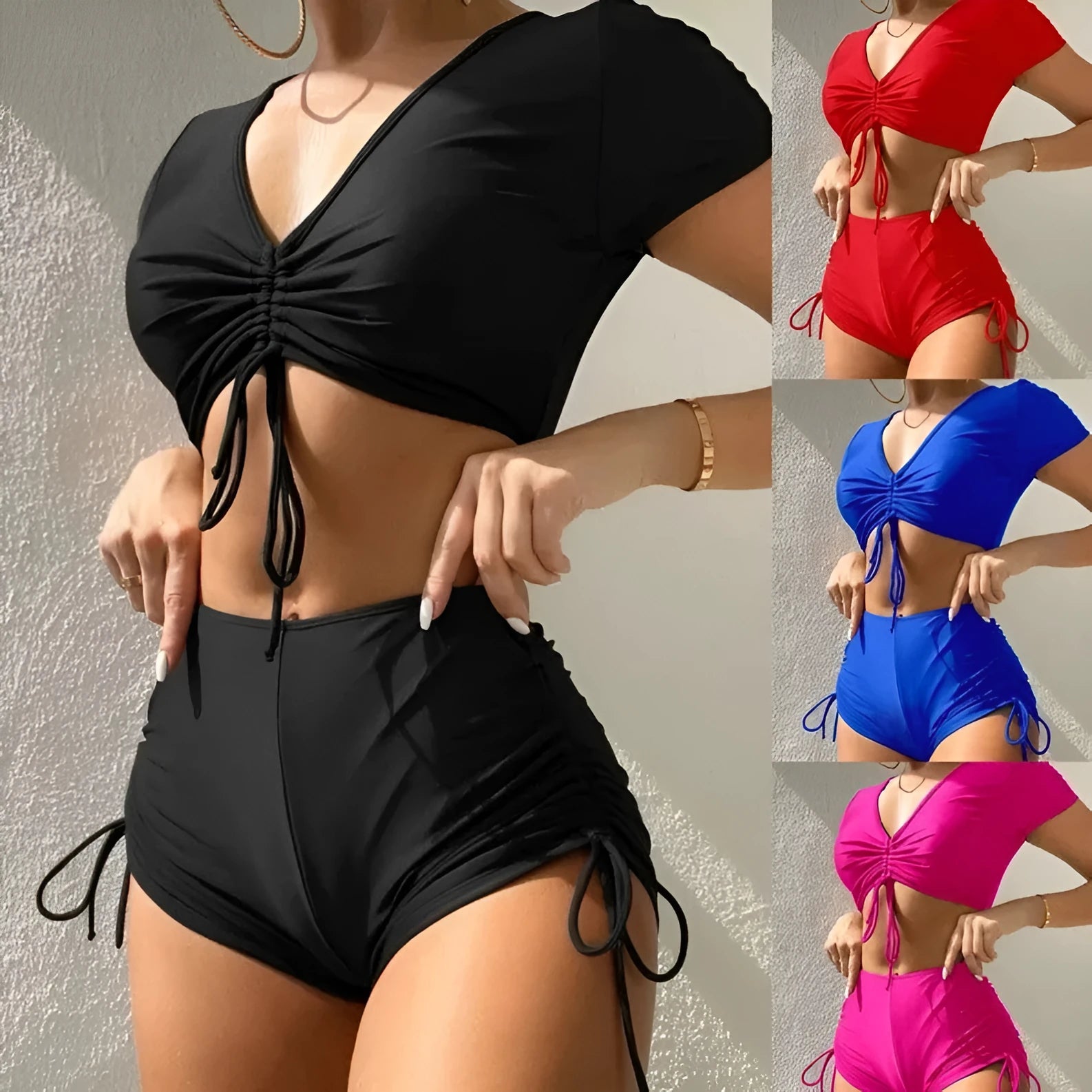Lady's lace-up bow swimsuit in six colour options with adjustable front