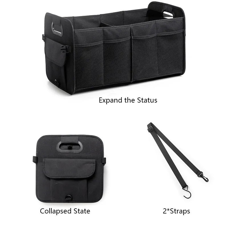 Foldable multi-compartment car boot storage box in black fabric with handle
