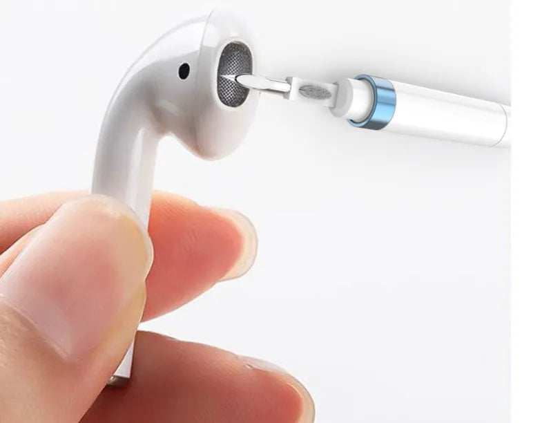 Multi-layer electronics cleaning pen with stainless steel nib and brush for headphones and mobile devices