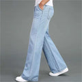 Men's loose straight-leg wide-leg flared jeans in polyester fabric solid colour blue