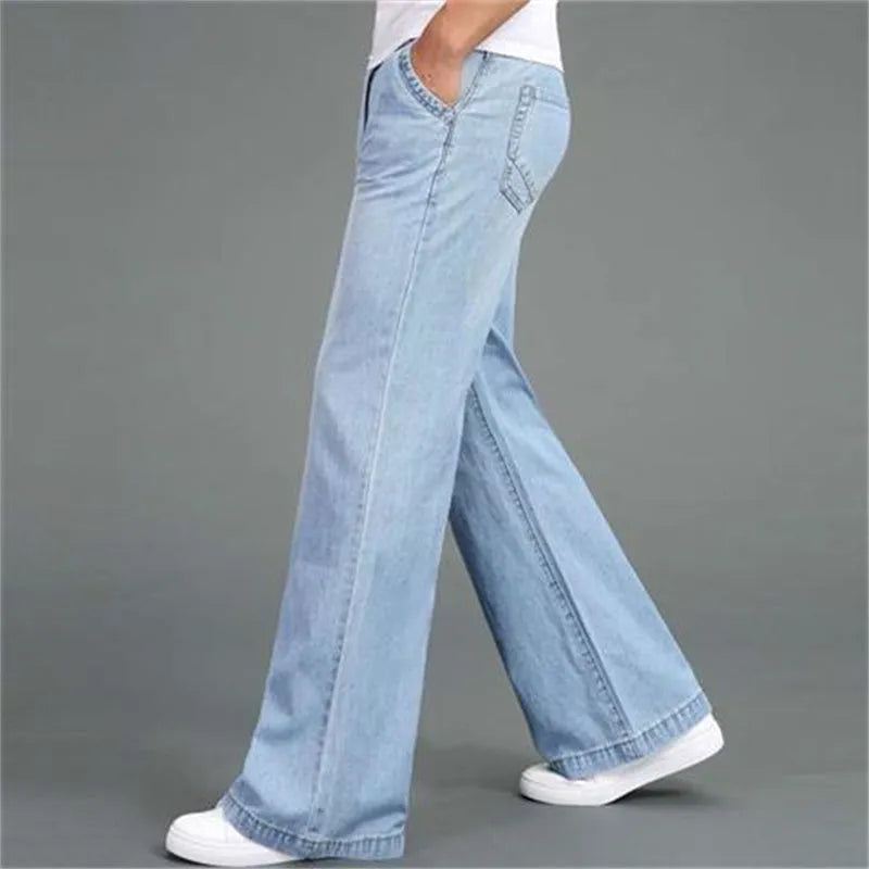 Men's loose straight-leg wide-leg flared jeans in polyester fabric solid colour blue