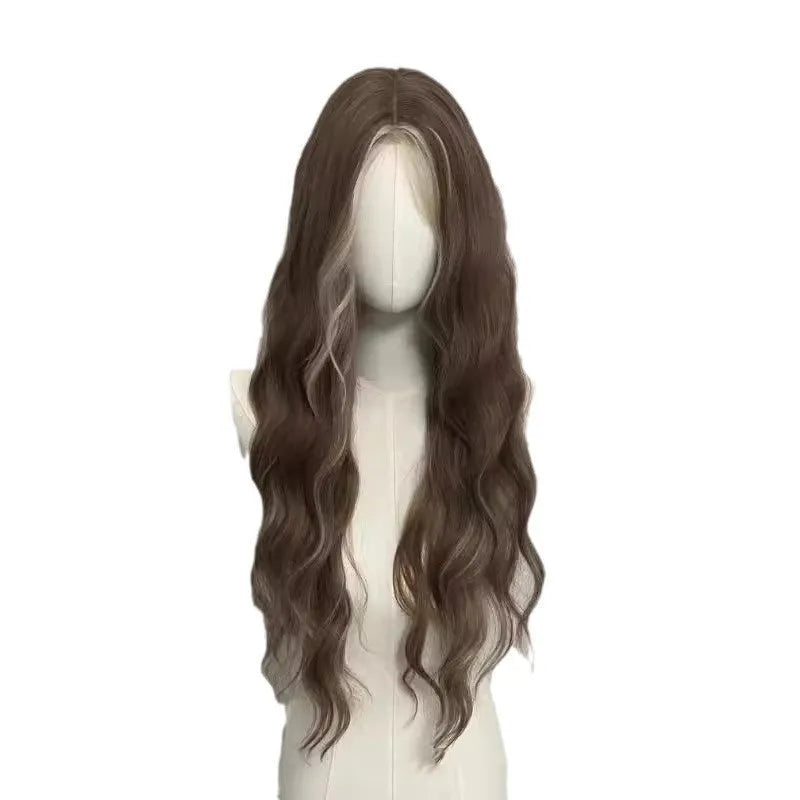 Long curly synthetic wig with grey golden highlights and high temperature fibre construction
