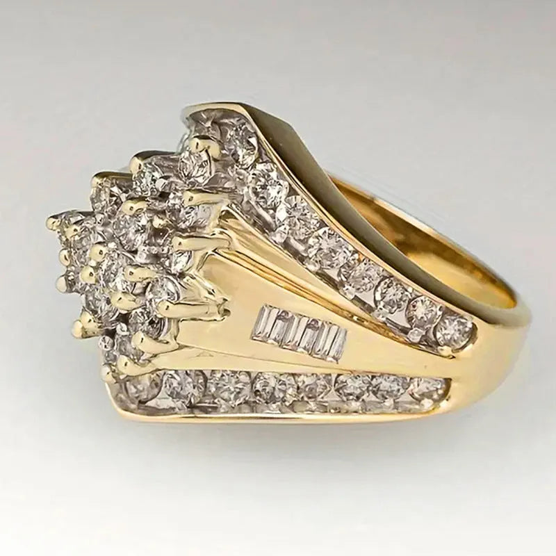 Gold electroplated geometric heavy industry ring on copper base showing palace style design details