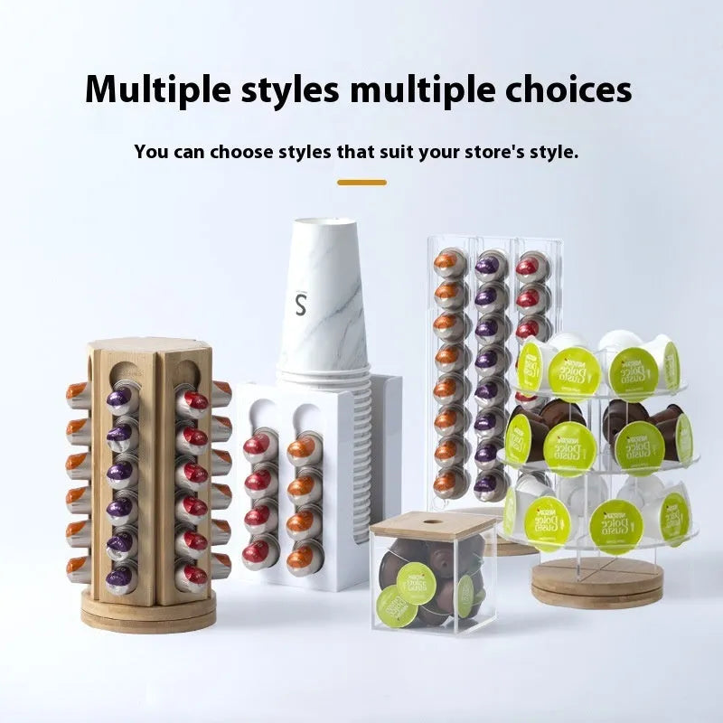 Acrylic rotatable coffee capsule storage rack in solid colour with pad glaze surface