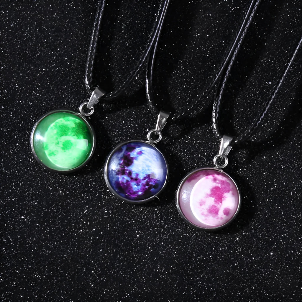 Time Stone Christmas Moon Night Sky pendant necklace with organic glass and luminous alloy on extension chain