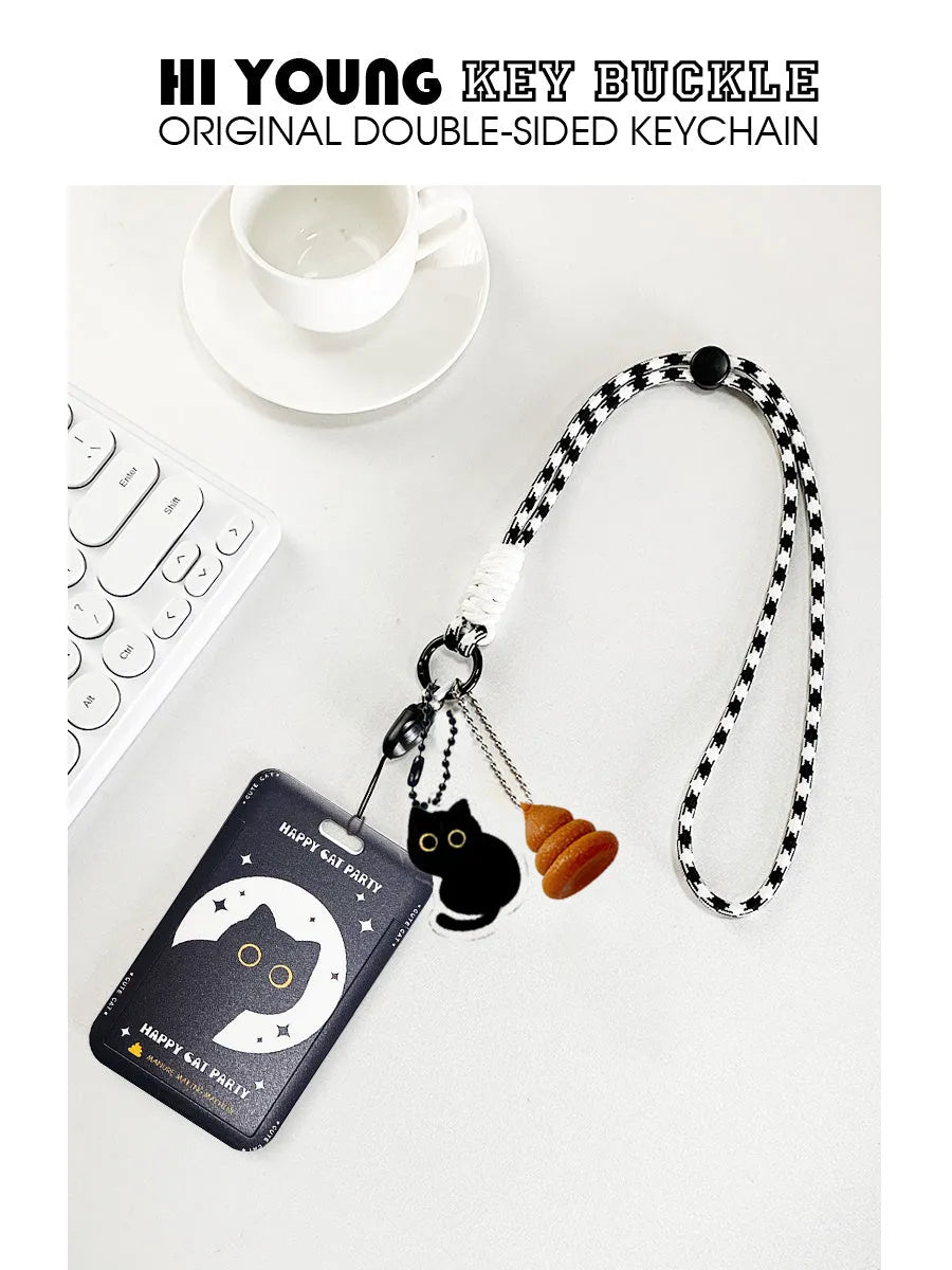 Plastic card holder with little black cat cartoon design and a metal ferrule pendant for attachment.