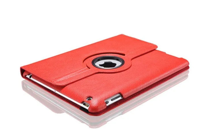iPad PU leather clam shell case in various colours, shown closed and open with an iPad inside.