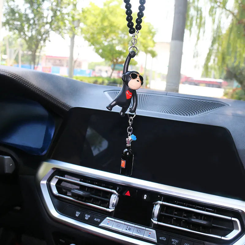 Hip-hop cartoon monkey wearing sunglasses rearview mirror pendant with beaded necklace