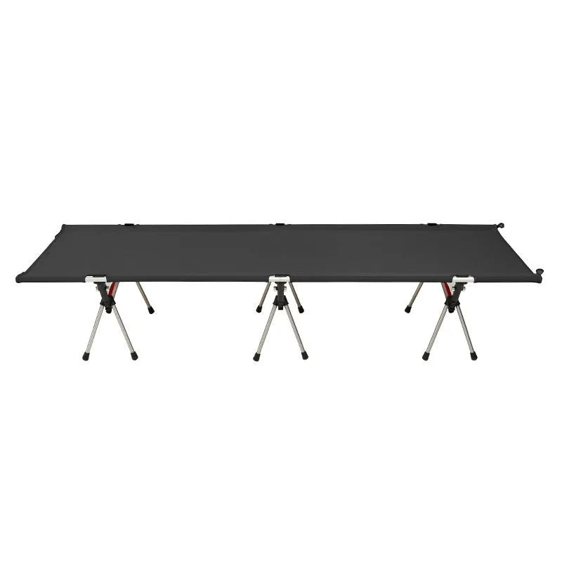 Lightweight portable folding bed in khaki colour with black brackets, showing folded and assembled configurations