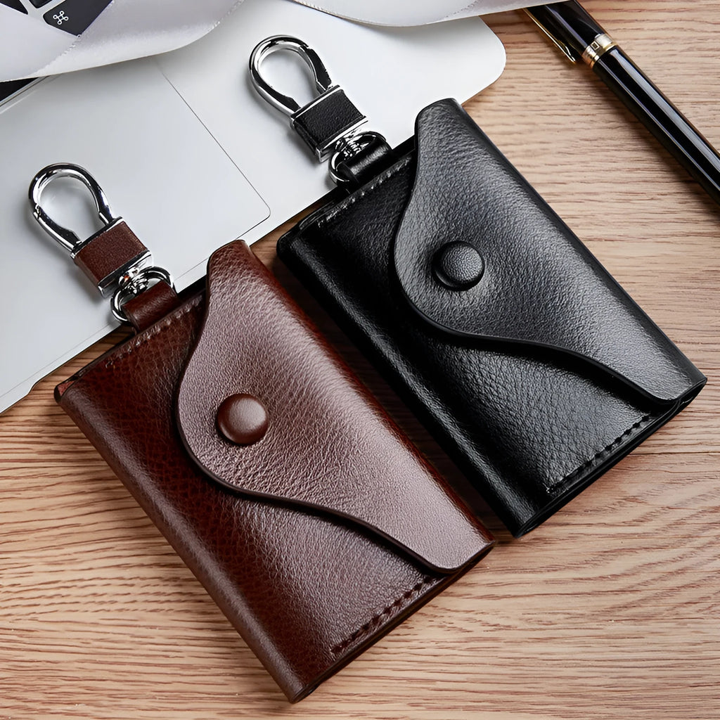Men's black genuine leather square keychain card holder with key ring and card slot.
