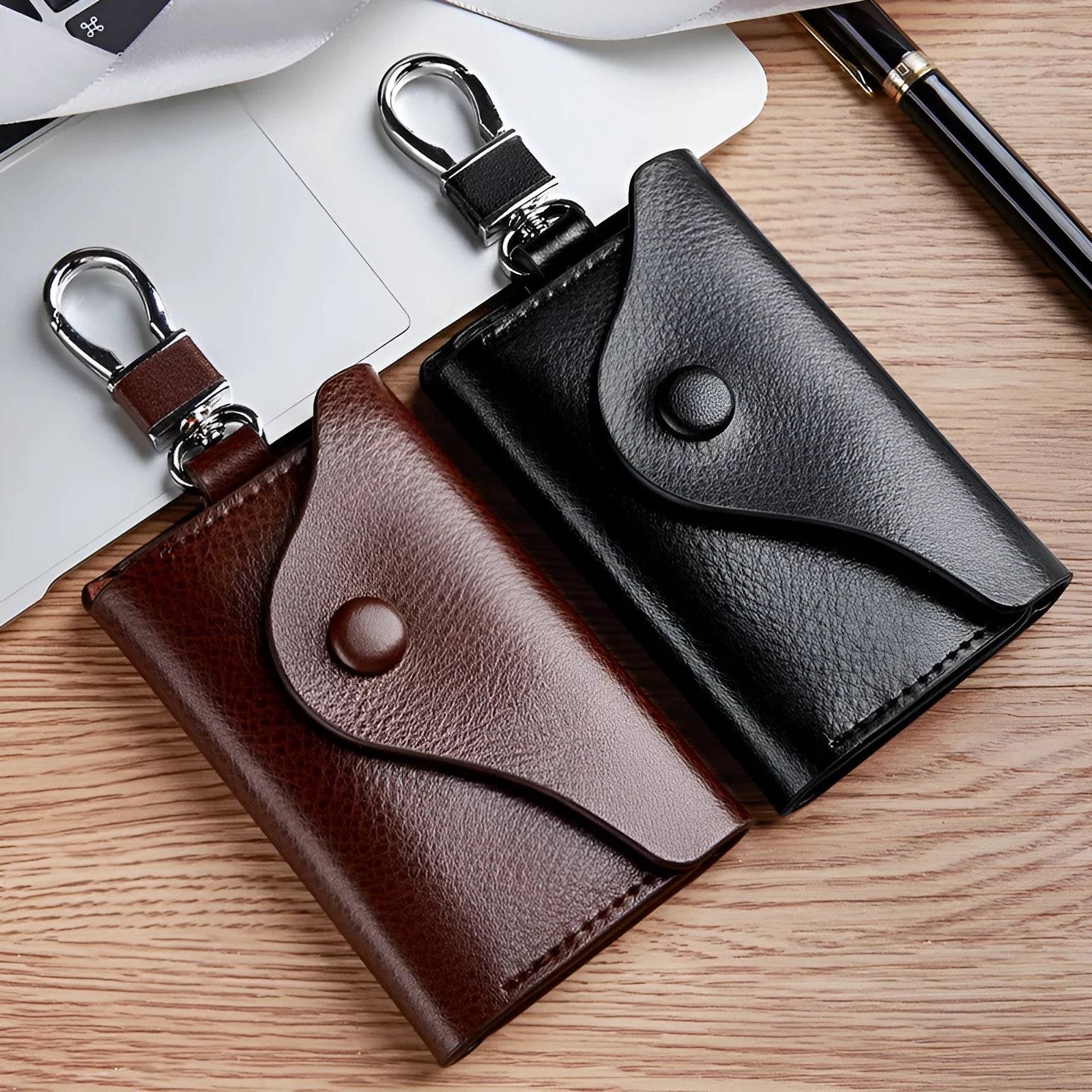 Men's black genuine leather square keychain card holder with key ring and card slot.