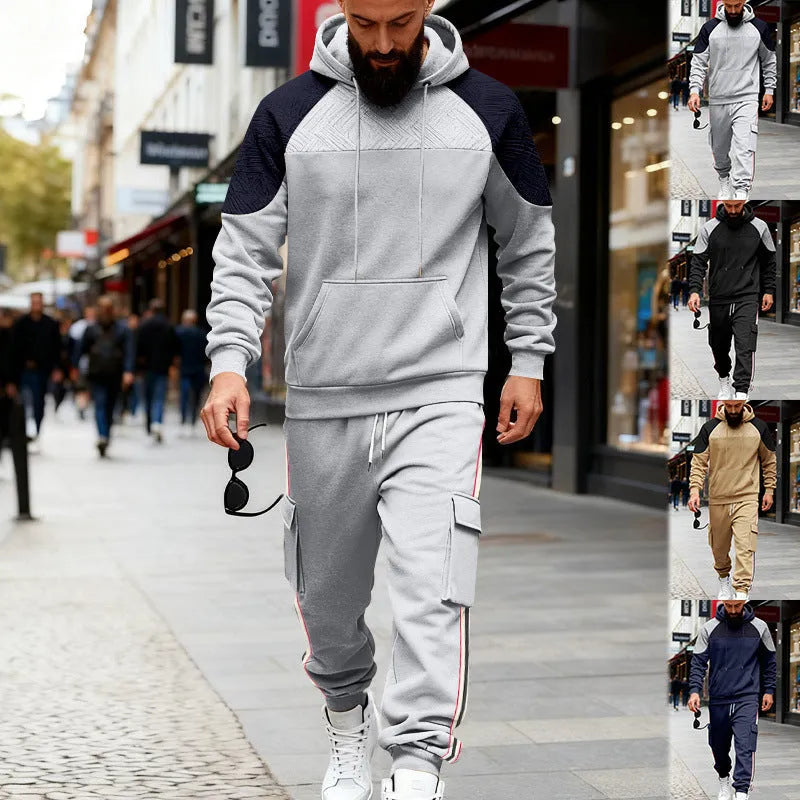 Loose colour-block textured hoodie and sweatpants casual set in black with hood and long sleeves