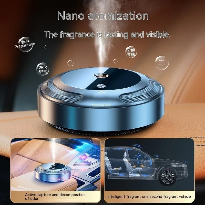 Automatic car air freshener diffuser with zinc alloy shell and included fragrance bottles on a dashboard.