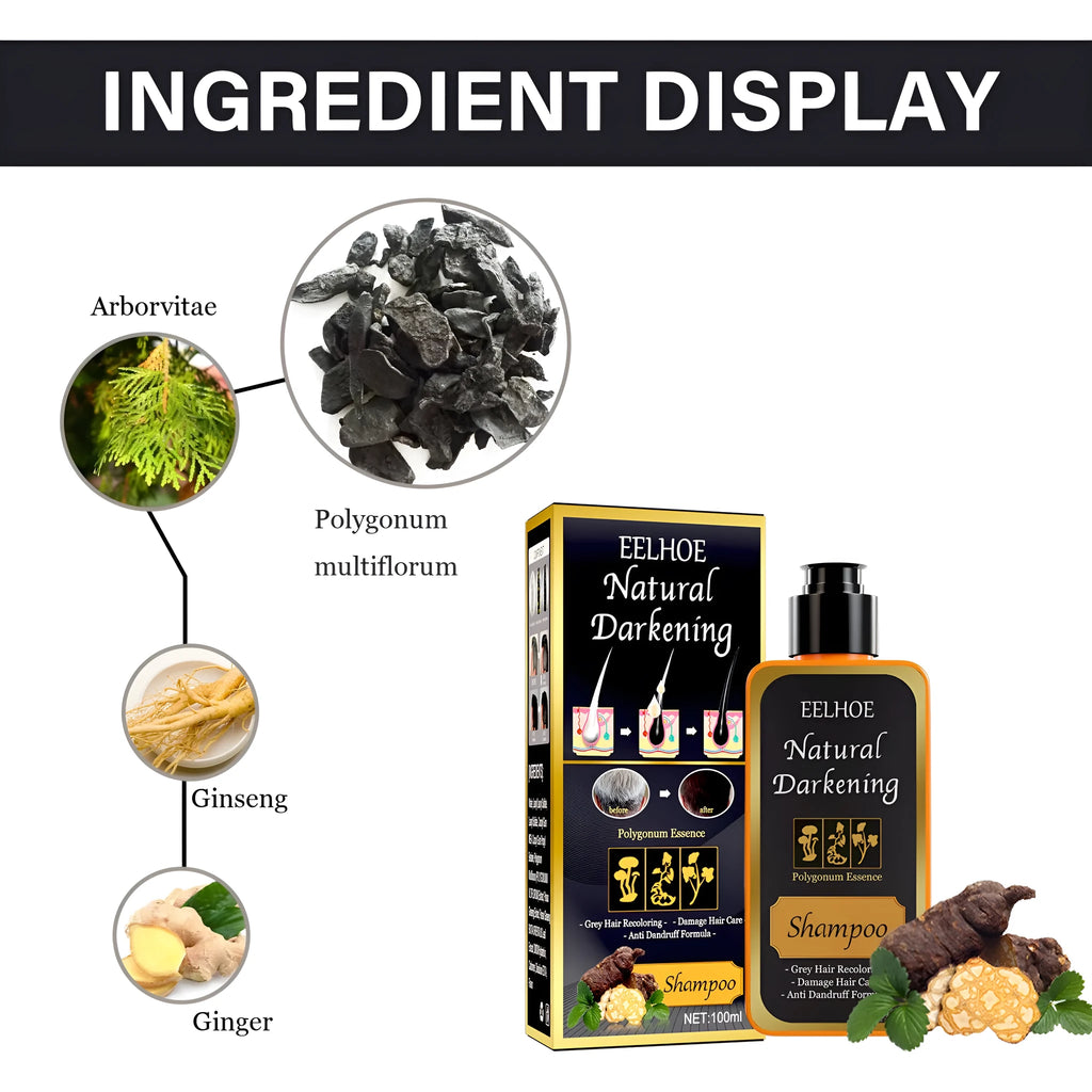Boxed 100ml bottle of Polygonum Multiflorum Shampoo for natural colour restoration and scalp care.