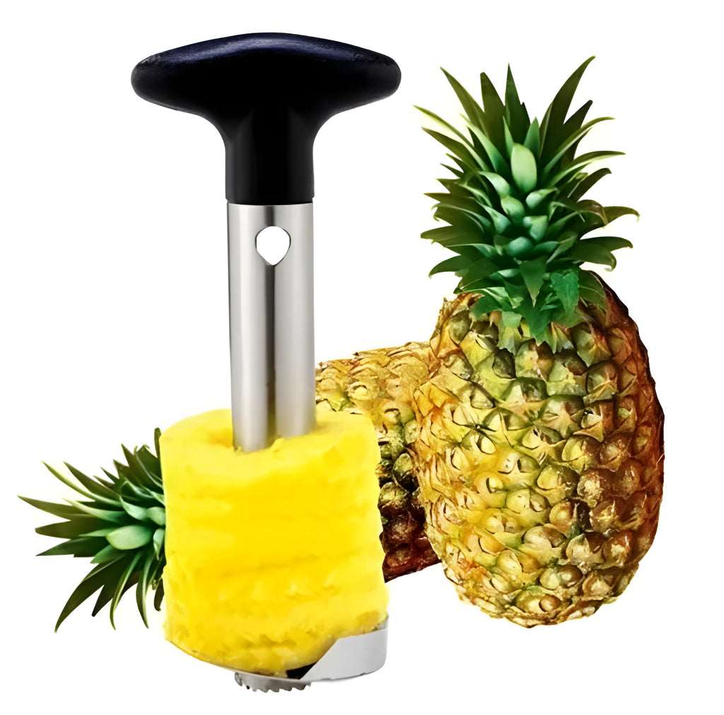 Stainless steel pineapple corer slicer with ABS handle showing pineapple preparation
