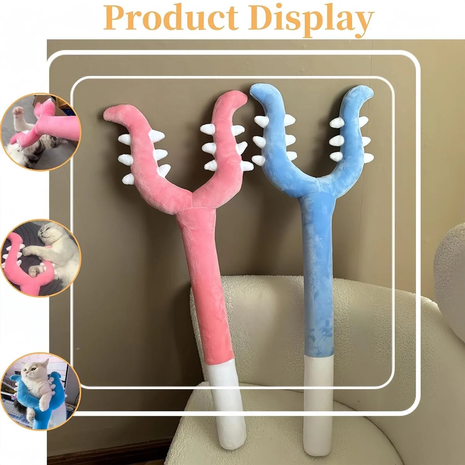 Blue plush cat wand toy with a soft head on a 70cm long stick for interactive pet play.