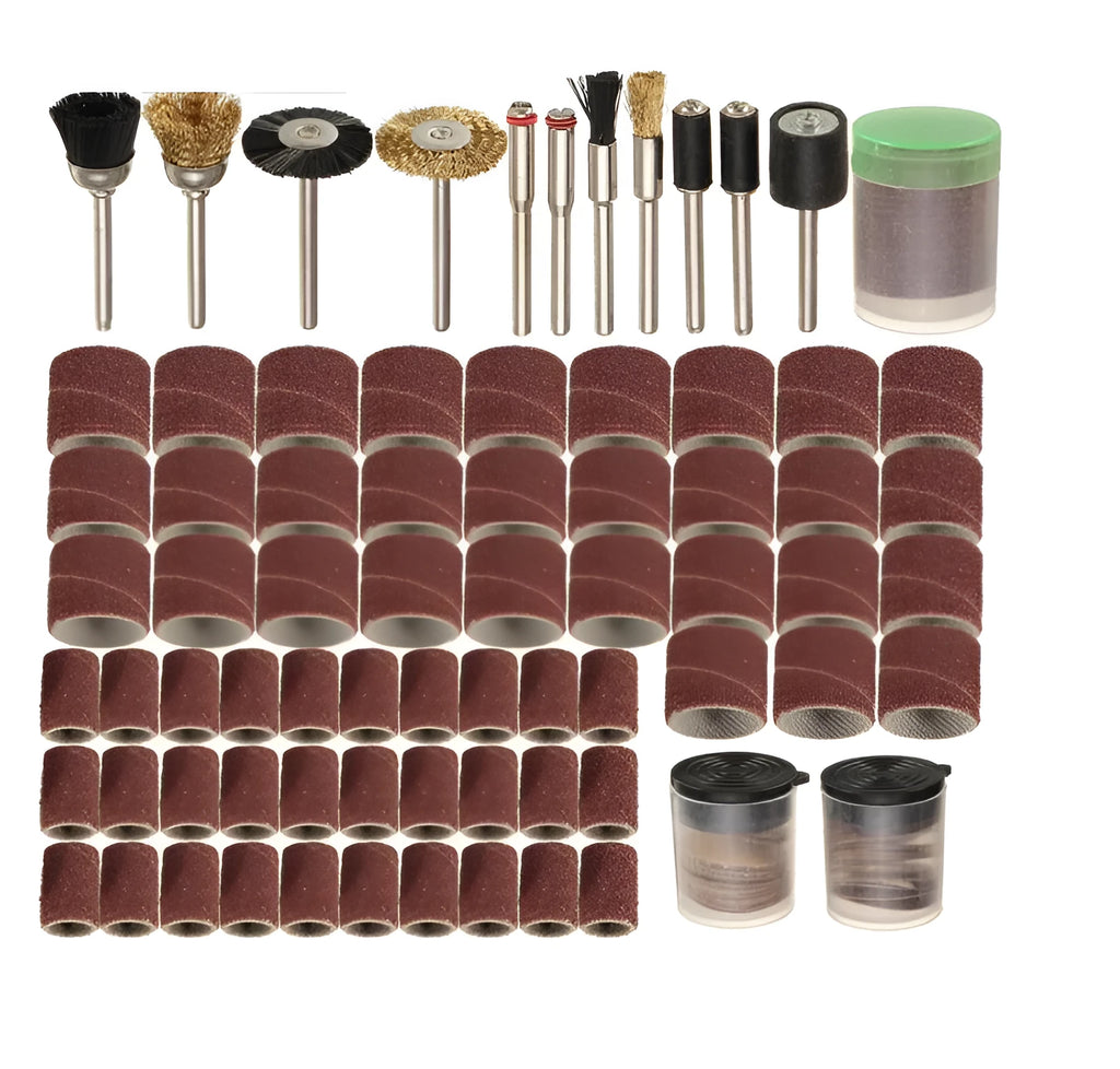150-piece electric grinder accessories combo set with sandpaper rings and multiple material components