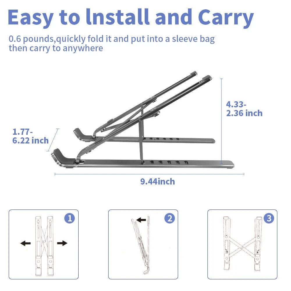 Silver aluminium laptop stand with six adjustable gear positions shown folded