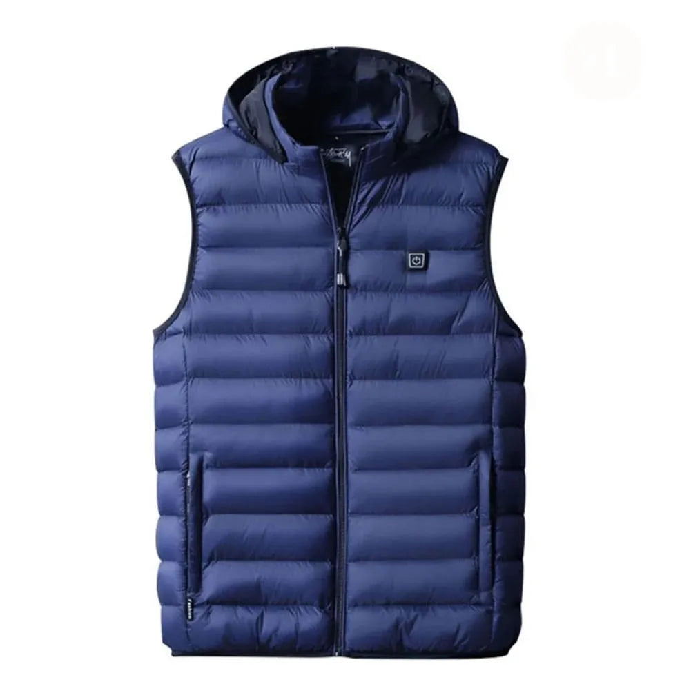 Heated cotton vest in black with USB electric heating panels for winter outdoor warmth