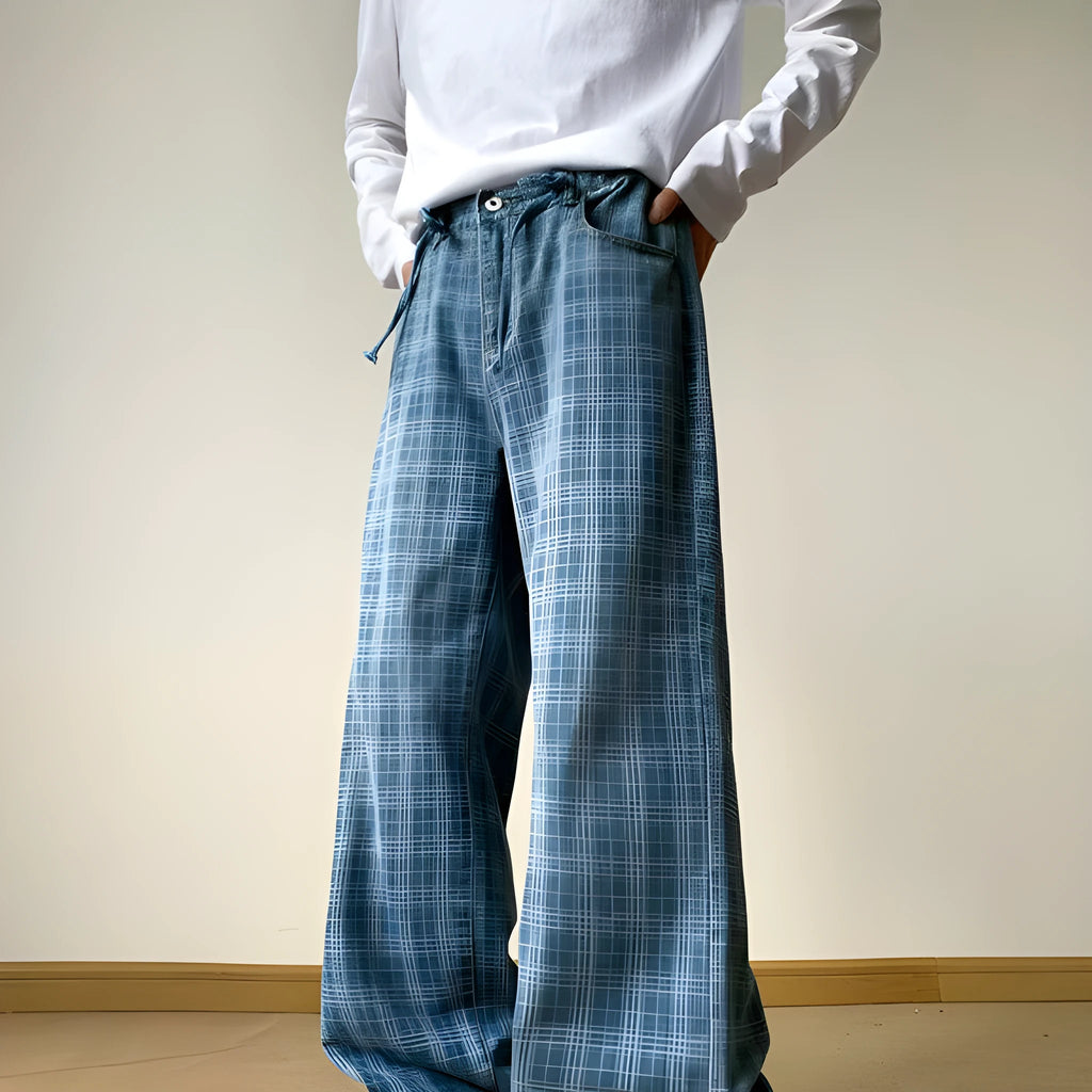 Retro blue plaid wide-leg skinny jeans showing straight-leg cut and zip fly