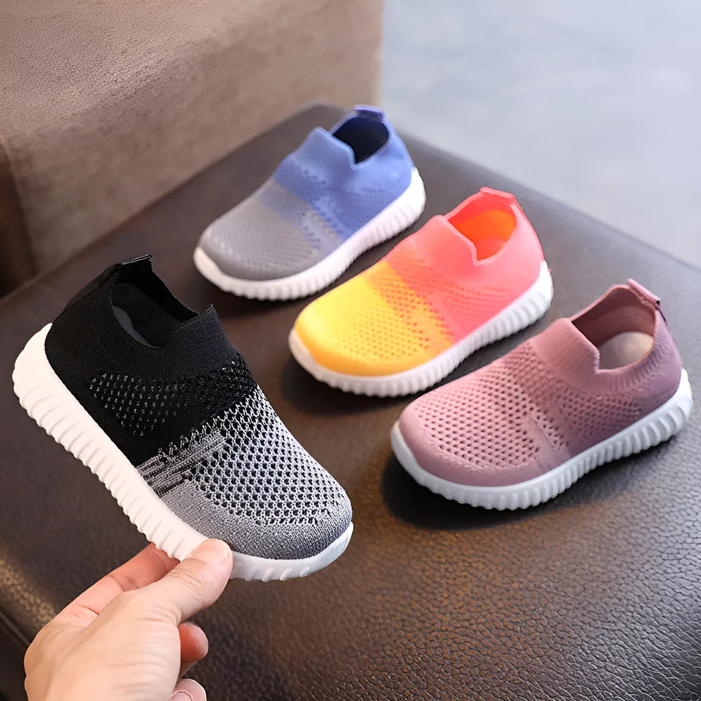 Multicolor knitted fabric kids sneakers with breathable upper, plastic sole, sizes 22-33