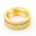 Gold geometric women's zircon ring on a copper base, shown in size 7.