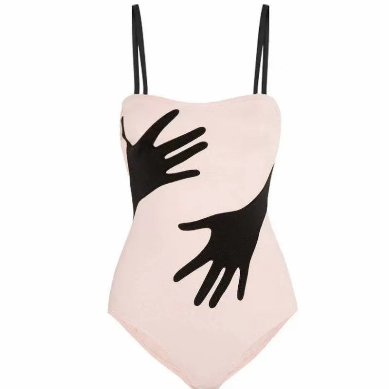 Women's solid colour one-piece bikini swimsuit on a mannequin, with an optional gauze skirt variant.