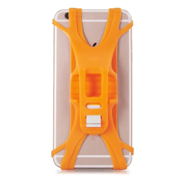 Adjustable silicone bicycle phone holder mounted on handlebar showing three-hole bracket adjustment