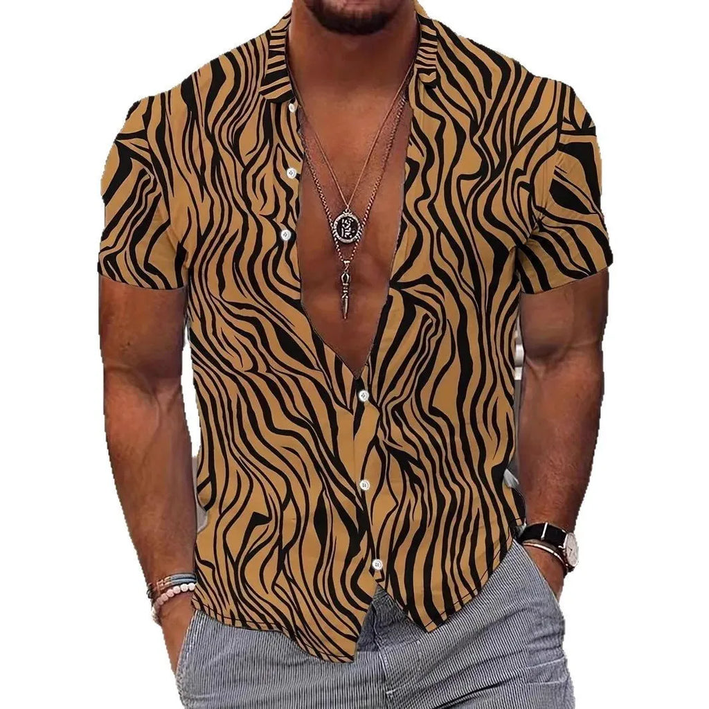 Men's slim fit geometric line print short sleeve shirt with cardigan lapel