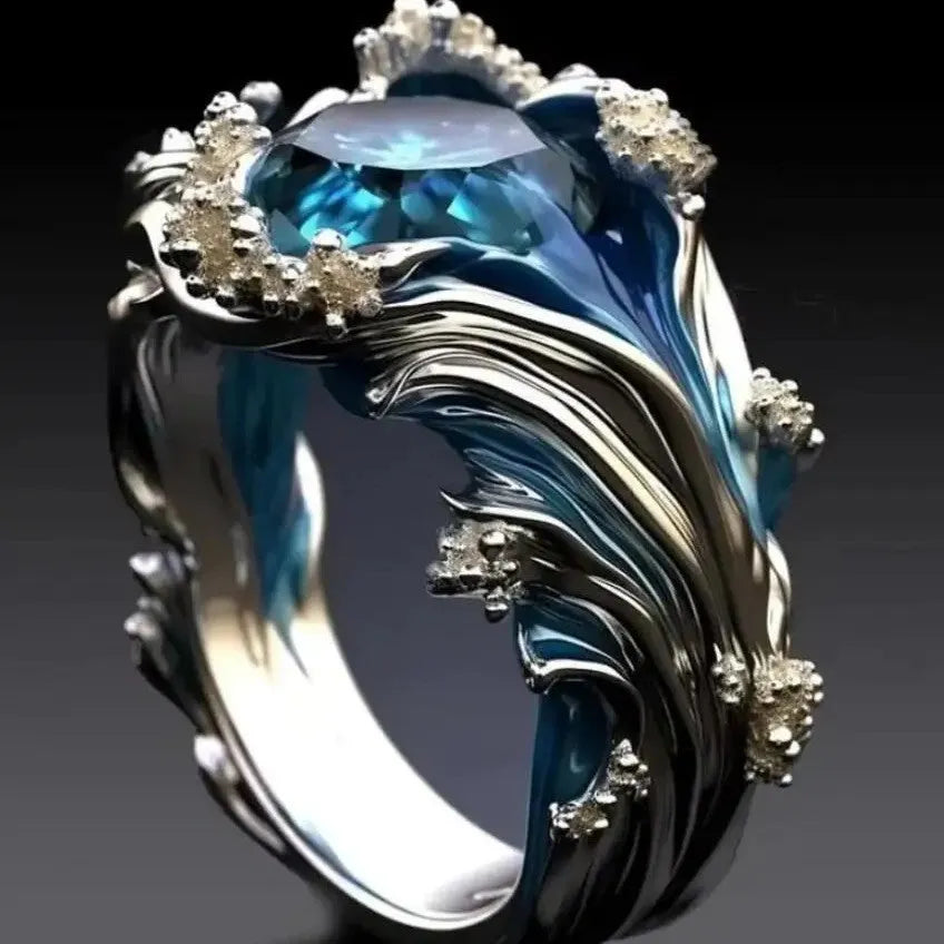 Women's geometric alloy ring with wave oil drop diamond inlay