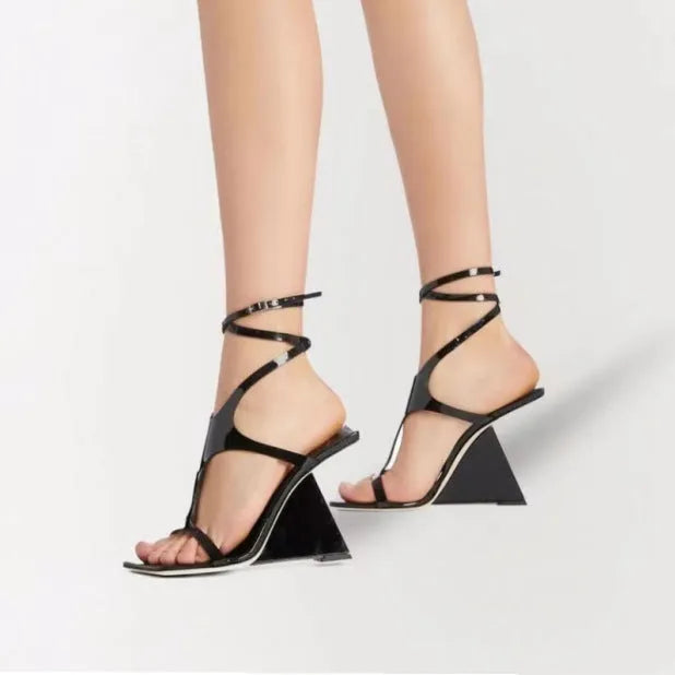 Women's black square-toe high heel sandals with buckle fastening and 9.5cm heel