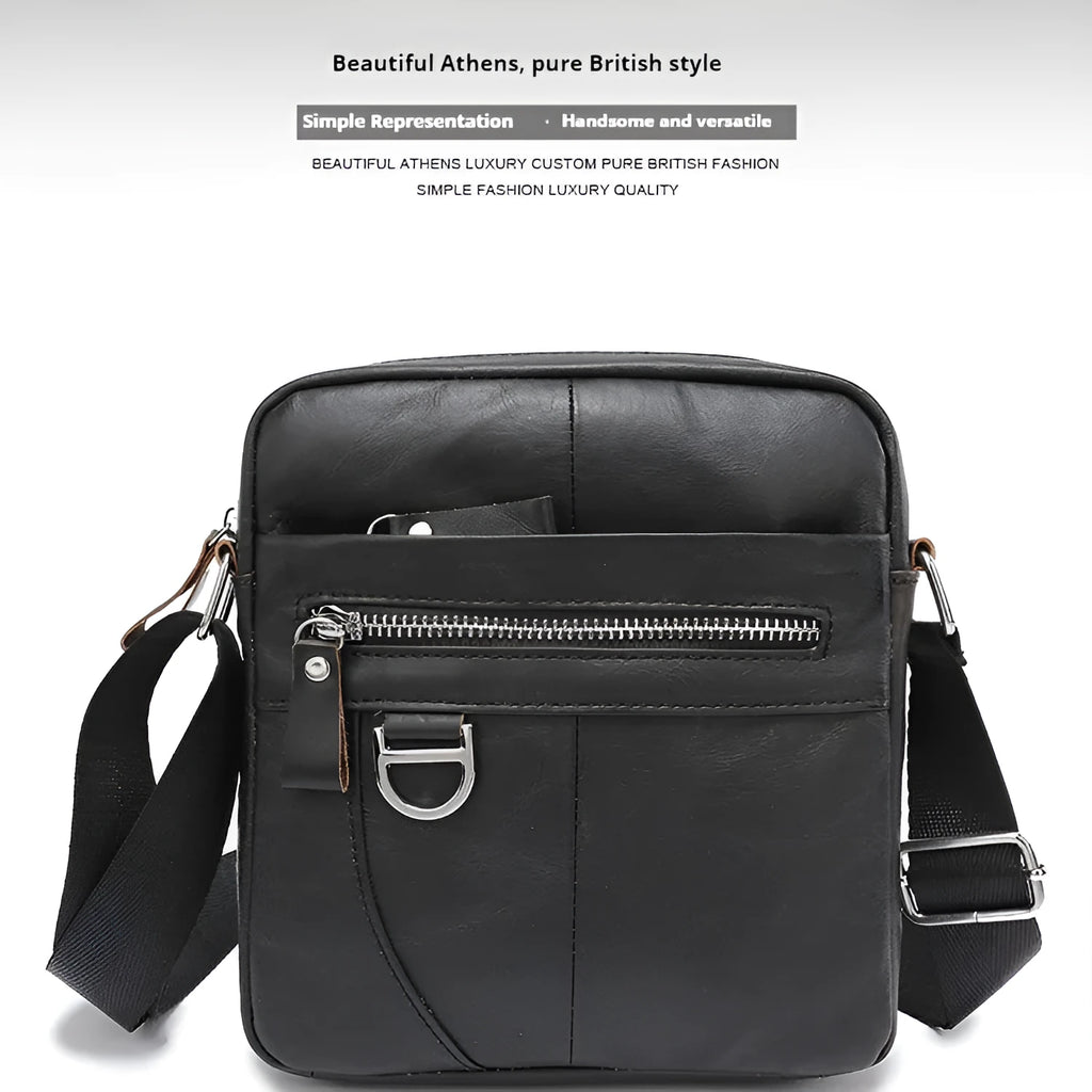 Black and brown 8-inch genuine cowhide leather crossbody messenger bag for boys with retro style.