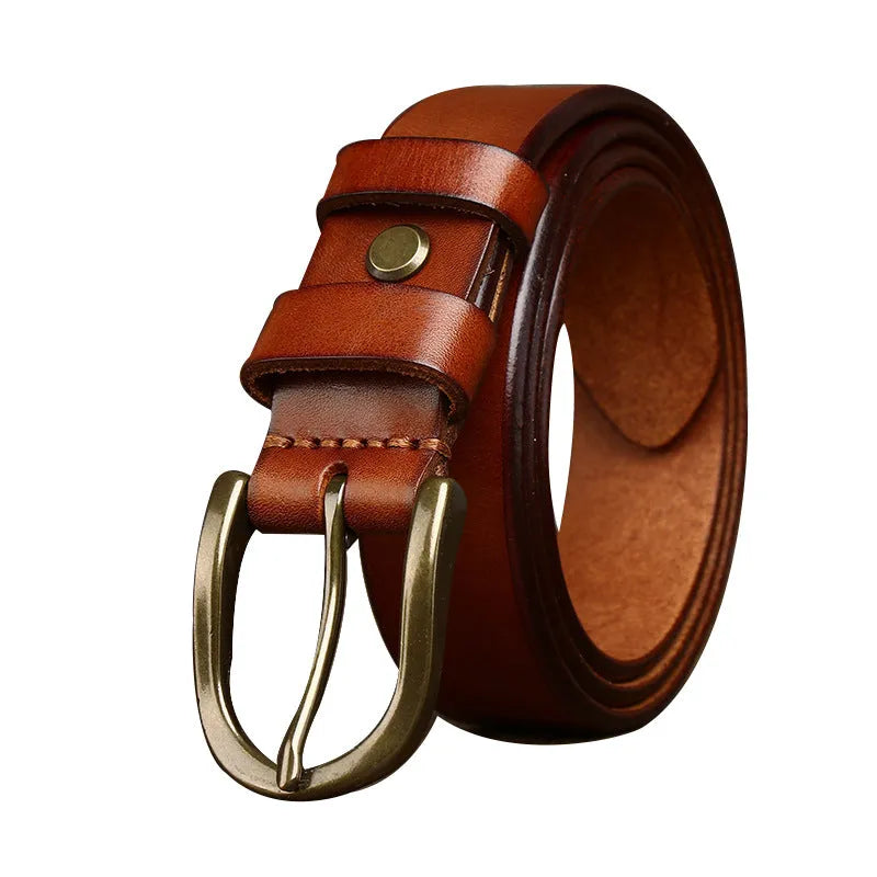 Men's genuine leather belt 3.3cm wide with copper buckle, retro casual style, khaki colour, pin-buckle fastening