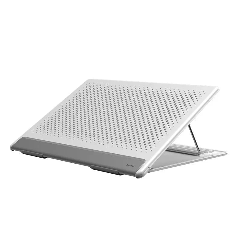 Black alloy portable notebook stand for laptops under 16 inches on a desk.