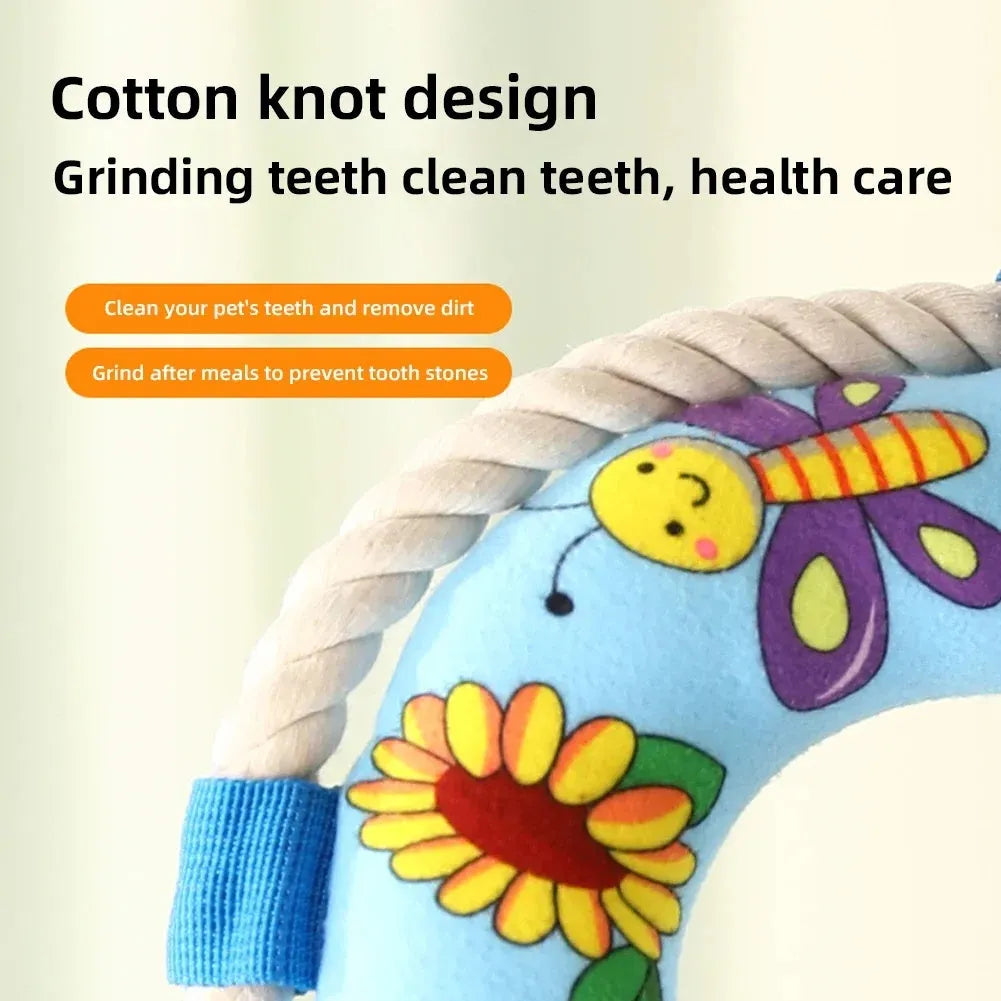 25cm diameter plush dog pull ring toy with squeaker in blue, yellow or pirate design