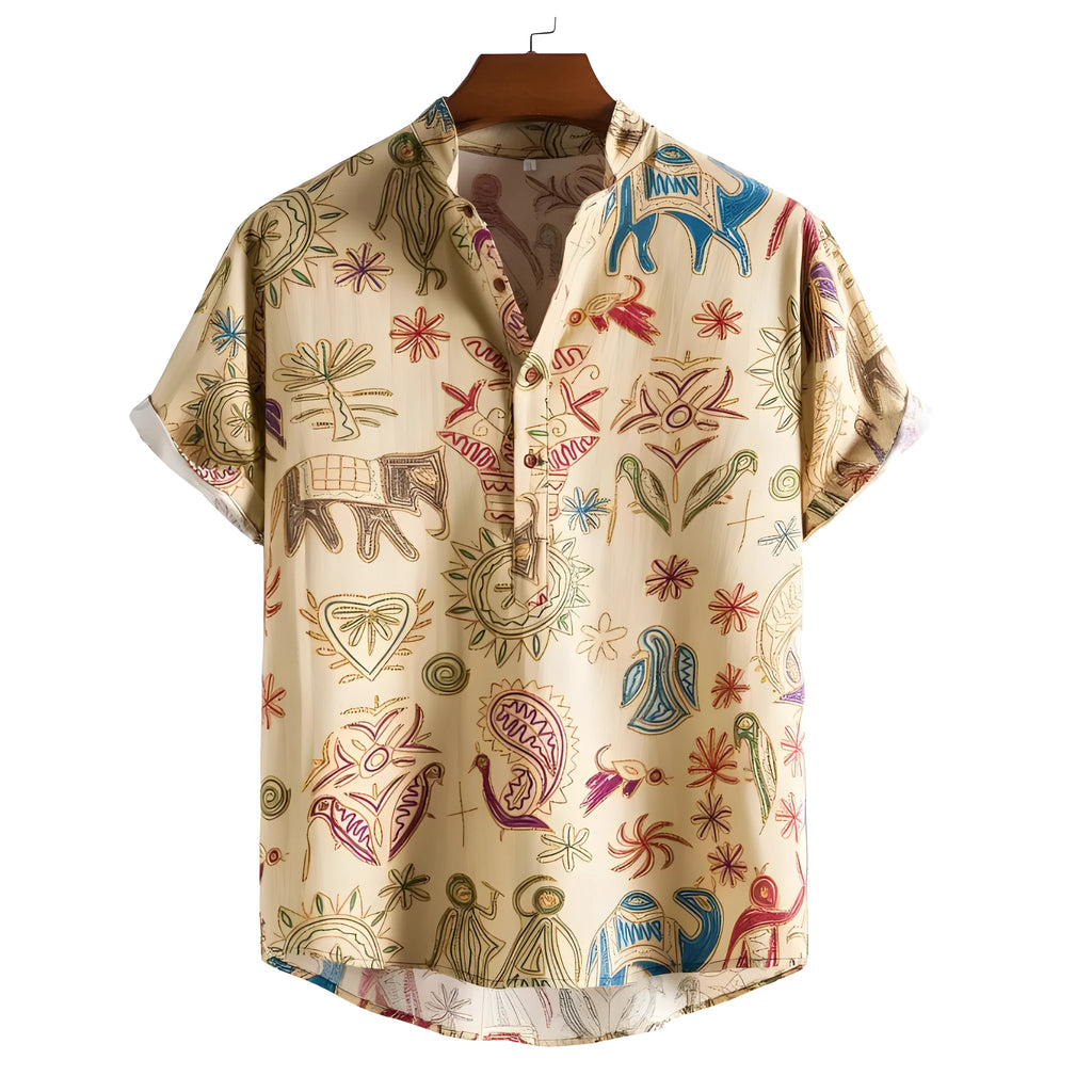 Man wearing a plus-size loose-fit casual shirt with a 3D digital print pattern.