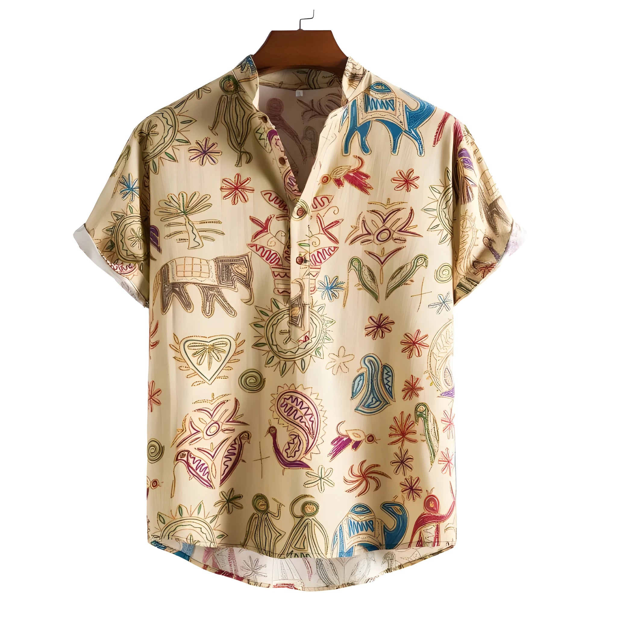 Man wearing a plus-size loose-fit casual shirt with a 3D digital print pattern.