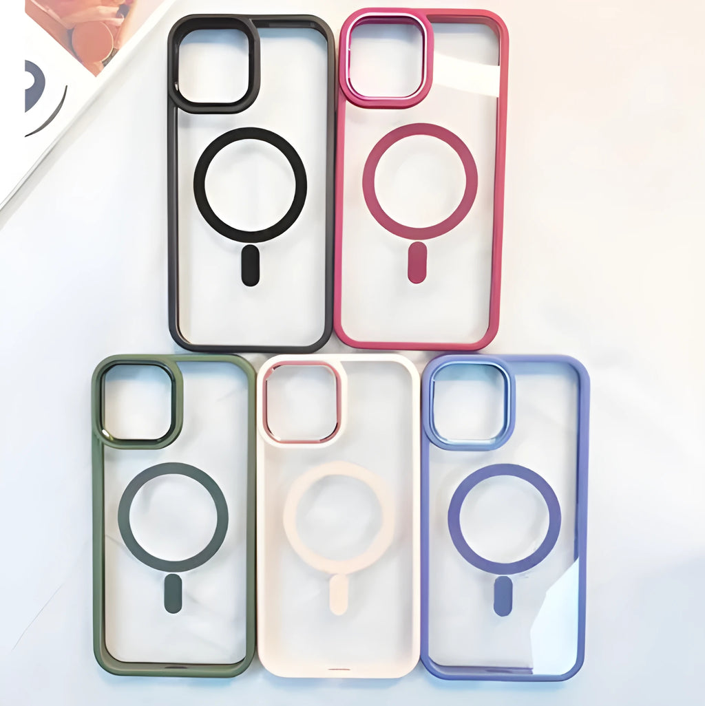 Silicone magnetic phone case for iPhone 15 Pro Max in black, showing transparent back and MagSafe ring