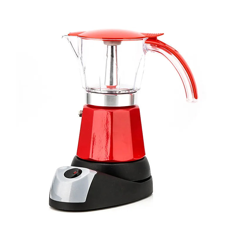 Octagonal electric Moka Pot coffee maker in aluminium construction with colour options including blue, green, red, silver and yellow