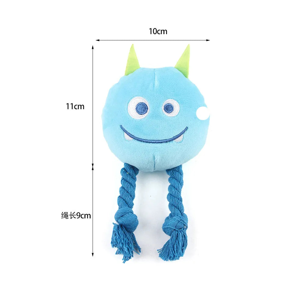 Two squeaky rope plush dog toys in blue and yellow colours for small and medium breed dogs
