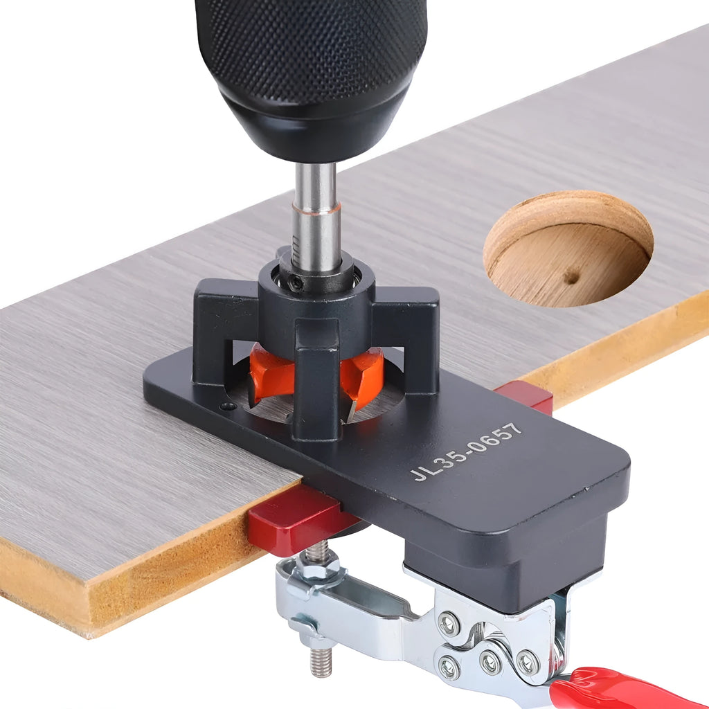35mm hinge tapper punch locator with aluminium body, 35mm hole opener and 30mm maximum cutting depth