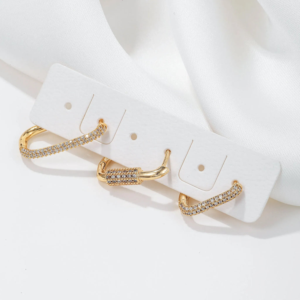 Geometric copper ear clip set with micro inlaid zircon detailing in gold and white colour options