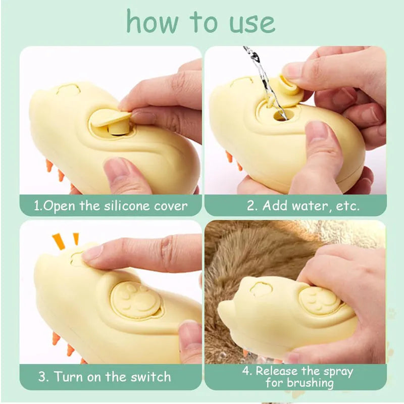 3-in-1 steam pet grooming brush with self-cleaning comb for cats and dogs