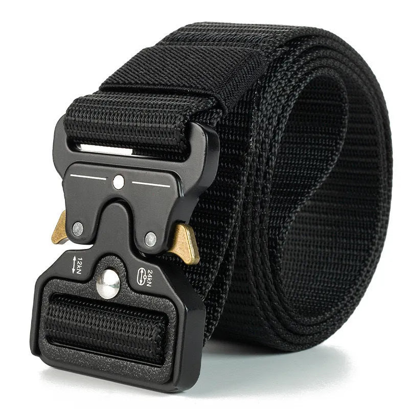 Men's canvas tactical belt with alloy buckle in multiple colour options showing 120cm length