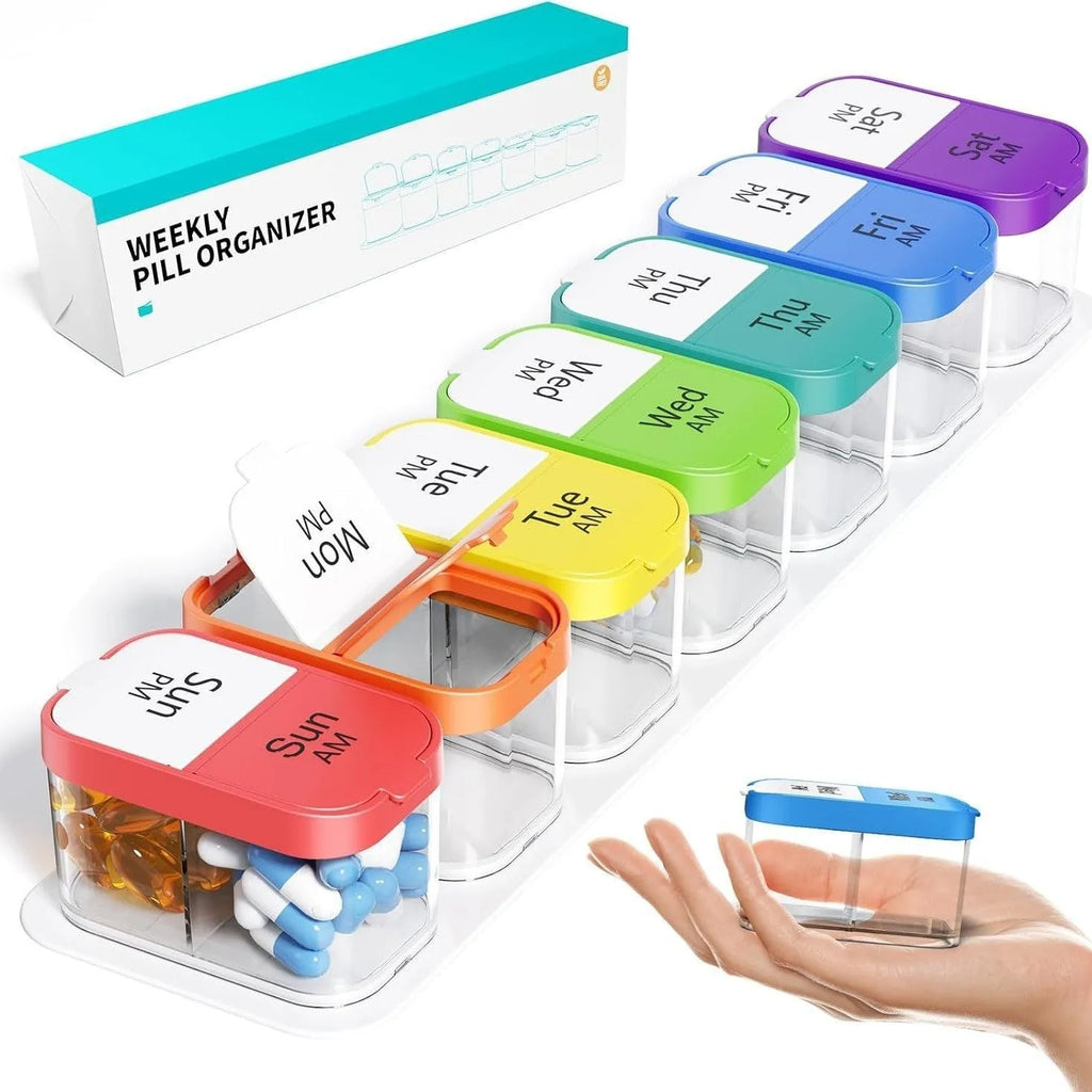 White and rainbow coloured portable weekly pill organiser with 14 removable compartments.