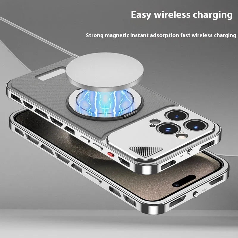 Aluminium alloy leather iPhone case with rotating bracket and magnetic suction, shown in black and blue.