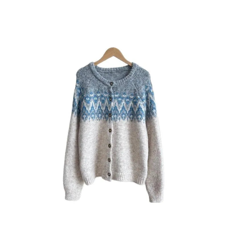 Women's loose fit contrast jacquard sweater coat in milky white, shown front view