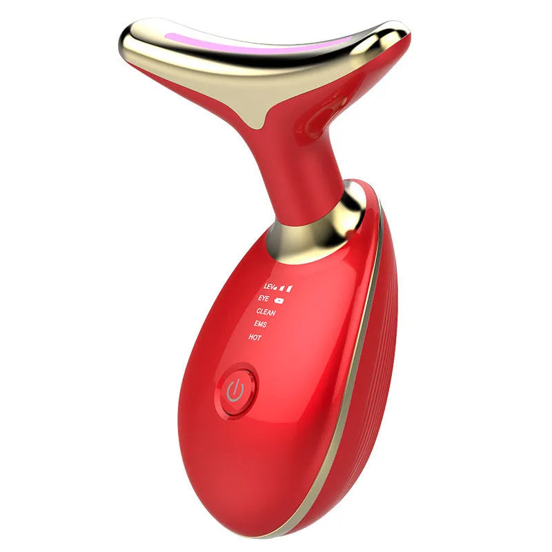 Black silver electric neck massager device with LED lights showing EMS microcurrent and thermal functions