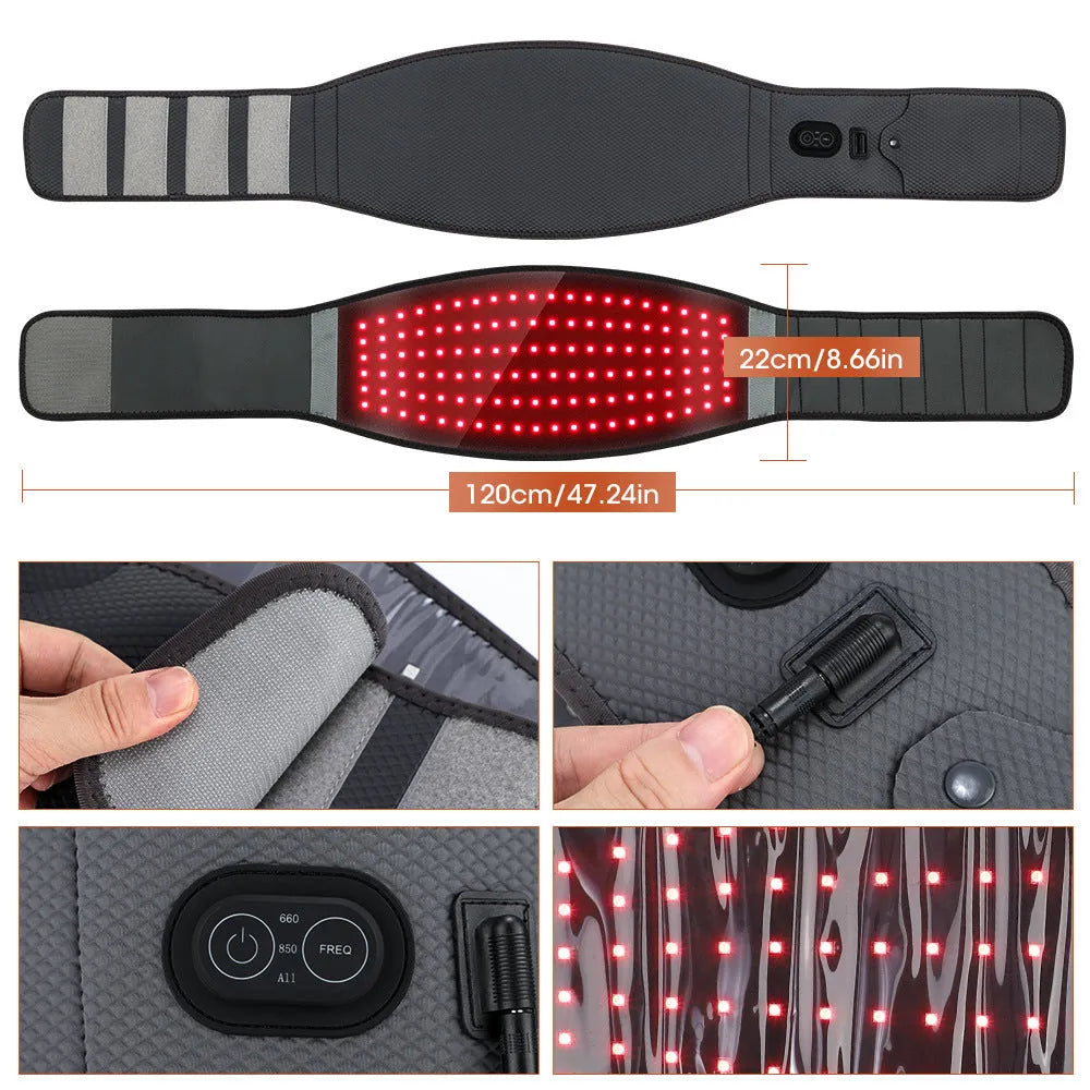 Grey neoprene electric waist therapy belt with adjustable strap and power connection.