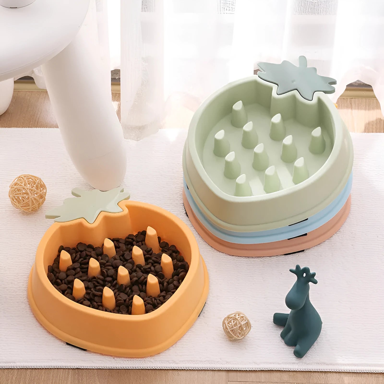 Pineapple design plastic slow food bowl for dogs in blue colour, food-grade material